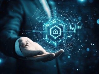 A person in a formal suit presents a glowing digital interface with symbols representing cybersecurity and data protection. The background features a futuristic blue theme emphasizing technology.