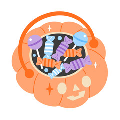 Halloween pumpkin bucket overflowing with colorful candy and lollipops, ready for trick-or-treating fun