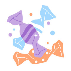 Assortment of vibrant wrapped candies with sparkling accents, isolated on white. Sweet treats for any occasion