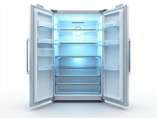 Empty refrigerator with bright interior lighting in modern kitchen