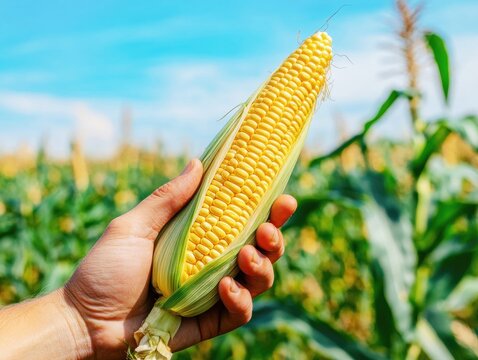 A hand holds a freshly picked ear of corn, showcasing bright yellow kernels. The lush green cornfield stretches into the distance under a sunny blue sky, indicating a fruitful harvest season.