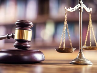 A wooden gavel rests beside balanced scales in a law office setting. Bookshelves filled with legal texts create a scholarly backdrop, conveying the atmosphere of legal proceedings.