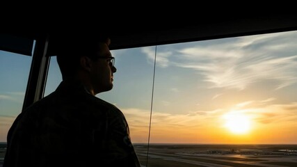 Air Traffic Controller Watching Sunset and Airplane Landing - A silhouetted air traffic controller watches an airplane landing at sunset from a control tower.
