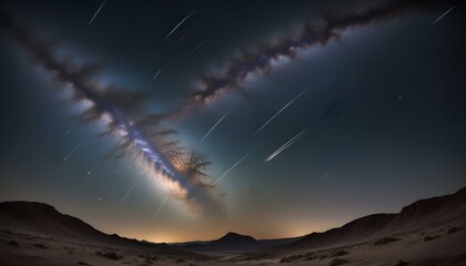 The milky way and meteor shower over a desert landscape at night.