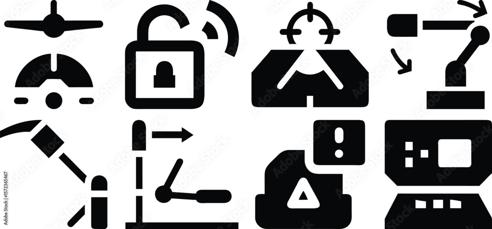 Poster vector art of a set of vector icons depicting airplane navigation, security systems, robotic control