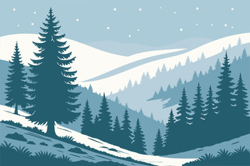 A stylized vector landscape of a mountain valley covered with snow