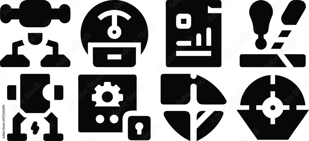 Poster vector art of a set of black glyph icons depicting various industrial control system elements isolat