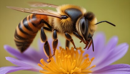 A honeybee diligently collecting nectar from a stunning purple flower in full bloom.