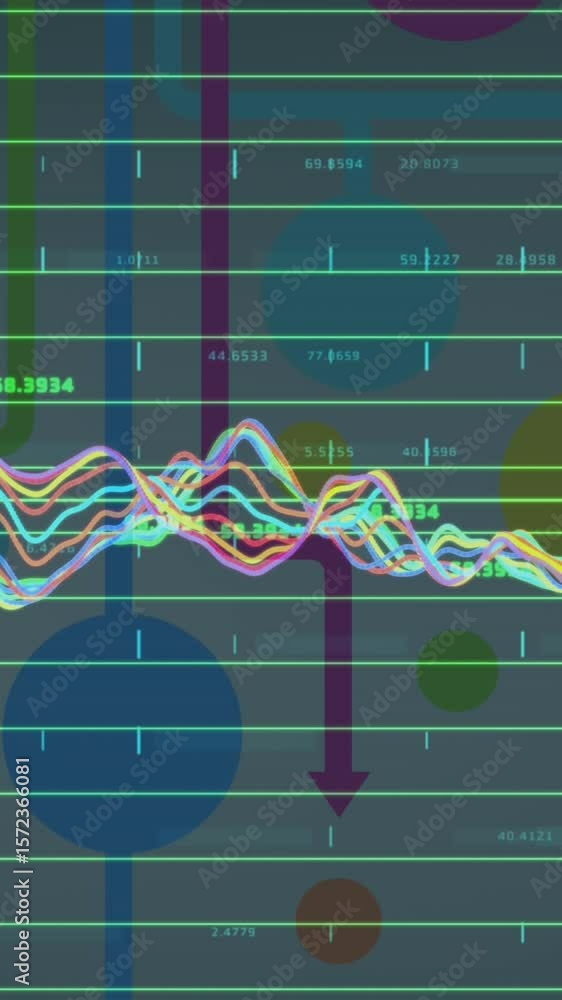 Poster animation of statistics and data processing over colorful arrows and circles