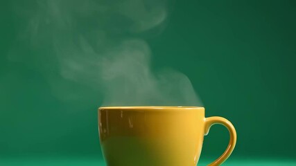 Yellow mug filled with a steaming hot beverage, releasing fragrant vapor against a plain green background, evoking a cozy and inviting atmosphere perfect for relaxation - Powered by Adobe