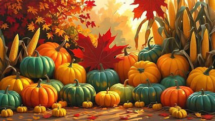 Naklejka premium Autumn Harvest Background with Pumpkins, Leaves, and Corn – Thanksgiving Theme