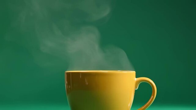 Yellow mug filled with a steaming hot beverage, releasing fragrant vapor against a plain green background, evoking a cozy and inviting atmosphere perfect for relaxation