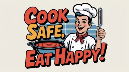 Retro kitchen poster promoting safe cooking with a cheerful chef and vibrant colors encouraging happy eating every day. National Food Safety Education Month