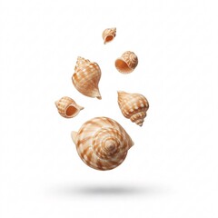 Various seashells with unique spiral patterns are falling, creating a dynamic marine pattern,