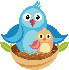 Obraz premium Cute blue bird and chick in nest isolated on white background