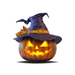 Glowing halloween pumpkin on a witch hat - 3d png