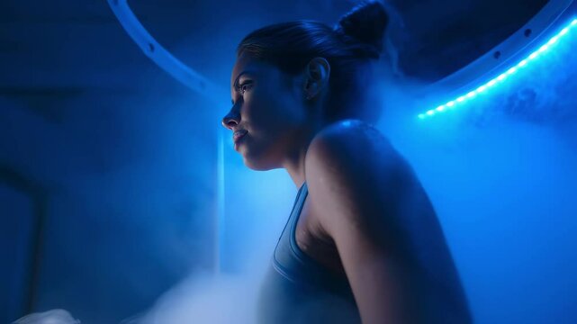 Confident athlete undergoing cryotherapy treatment while standing in a cryo sauna, experiencing the invigorating effects of subzero temperatures for muscle recovery and overall wellness - Powered by Adobe