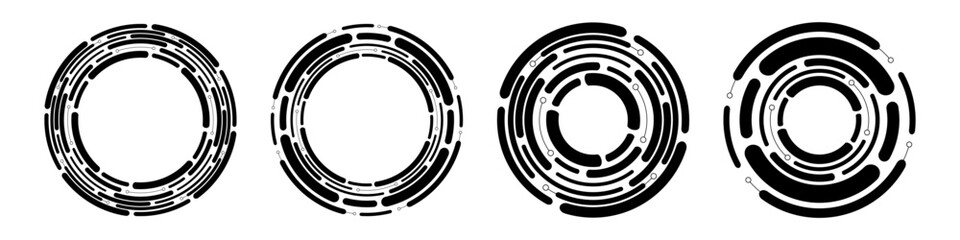 Set of abstract technical black frames isolated on white background. Segmented circles with rotation. Circular and radial lines. Radiating arc lines. Abstract vector monochrome illustration.