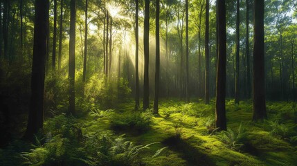 Fototapeta premium Dense green forest with sunlight filtering through tall trees, ferncovered floor, serene feel