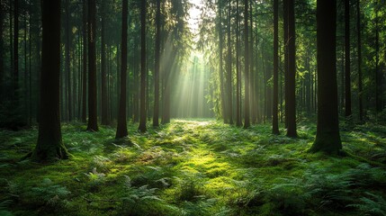 Fototapeta premium Dense green forest with sunlight filtering through tall trees, ferncovered floor, serene feel