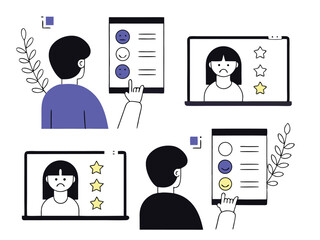 Customer feedback and rating icons depicted on a white background in vector illustrations