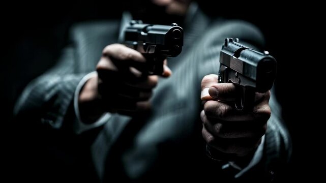 Businessman dressed in a sharp suit and tie, gripping a gun in a shadowy room, intensifying the atmosphere with a sense of drama and suspense, hinting at danger and intrigue