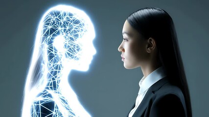 Woman Facing Her Digital Double: AI, Technology, and the Future - Powered by Adobe