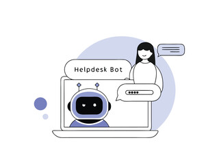 Digital helpdesk bot illustration with user interaction and chat dialogue interface