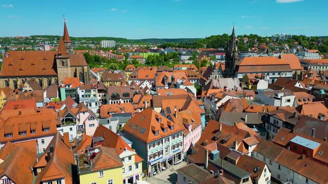 4K Aerial Drone Video of the Historic St. Johannis Church and St. Gumbertus Church in the Old Town area of Downtown Ansbach, Germany