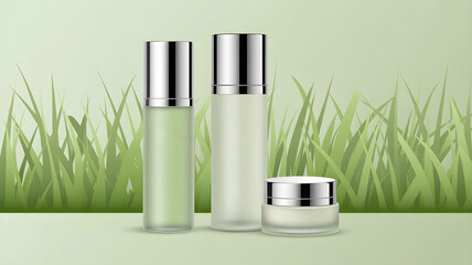 A sleek trio of frosted glass cosmetic bottles with silver caps, designed for natural skincare, set against a vibrant green grassy backdrop, emphasizing organic purity