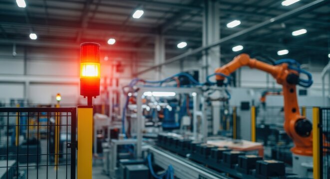 Flashing red emergency light near a fence in an automated factory with a robotic arm and assembly line, signaling a potential hazard and emphasizing safety protocols