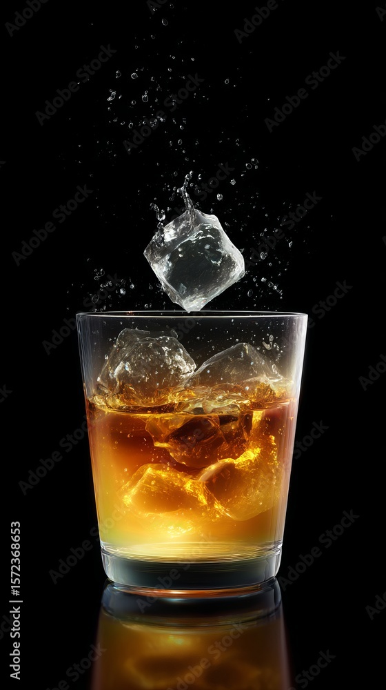 Poster a sparkling drink splashes as a cube of ice drops into a glass. the golden hues create a warm and in