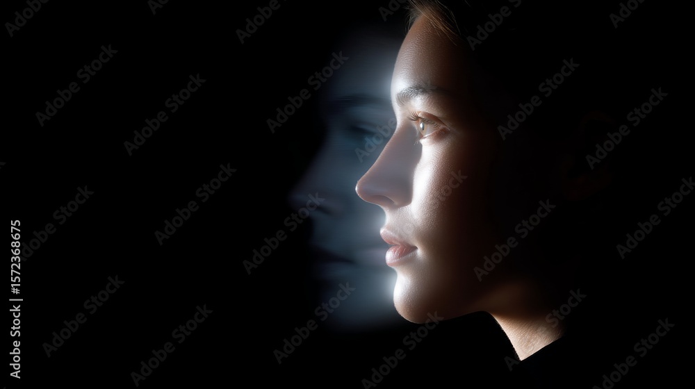 Poster a close-up of a serene face captured in profile against a dark background. the subtle light creates 