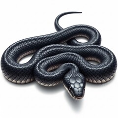 Sleek Black Snake Coiled with Glossy Scales Isolated on White Background.