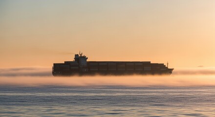 Large container ship sailing through a foggy ocean at sunset, creating a tranquil and picturesque atmosphere with golden hues reflecting off the water and a serene horizon