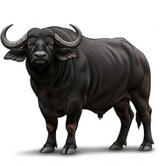 Imposing Black African Buffalo with Massive Horns Isolated on Pure White.