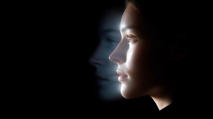 A close-up of a serene face captured in profile against a dark background. The subtle light creates a dreamy effect. This image is ideal for projects focused on emotion and identity. AI