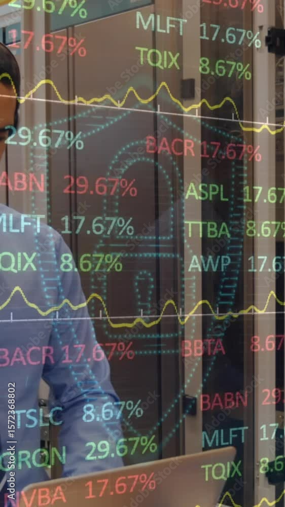 Poster animation of financial data processing over schoolboy multiple binary drawings