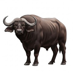 Powerful African Cape Buffalo with Large Horns Isolated on White Background.