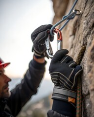A man with a red helmet and black gloves secures a climbing carabiner to a rock face. The background shows a blurred mountainous landscape.