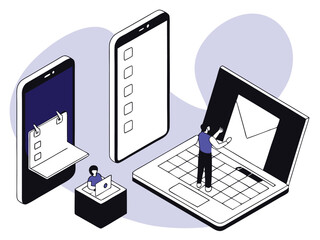Isometric illustration depicting digital communication and modern technology concepts