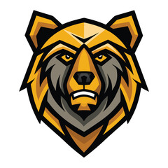 An imposing golden bear head with grey fur stares with fierce yellow eyes on white