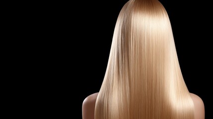 A stunning close-up of long, sleek blonde hair flowing down the back. The image showcases smooth strands and shines brilliantly against a dark background. Perfect for hair care products. AI