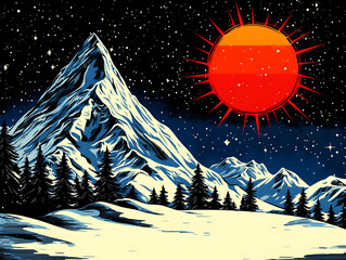 Snowy Mountain Illustration with Starry Night