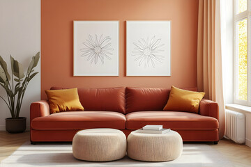 Orange Velvet Sofa Living Room Illustration