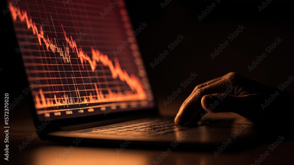 Poster a person analyzing a digital stock market dashboard on a laptop with a dramatic downward trend visib