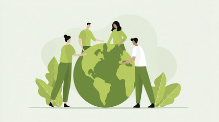 Group of diverse individuals collaboratively working together on a green globe, surrounded by lush foliage, symbolizing teamwork and environmental sustainability in a vibrant illustration