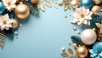Festive holiday decoration beautifully arranged with ornaments and flowers blue background christmas theme aesthetic viewpoint