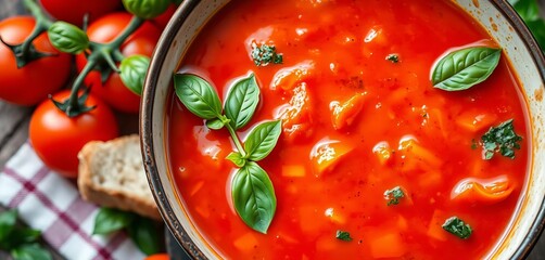 Vibrant red tomato soup with basil, croutons, and olive oil, delicious, diet