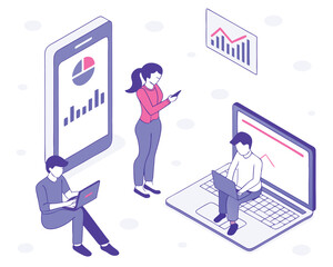 Fototapeta premium Modern team analyzing data on laptops and mobile devices in isometric illustration